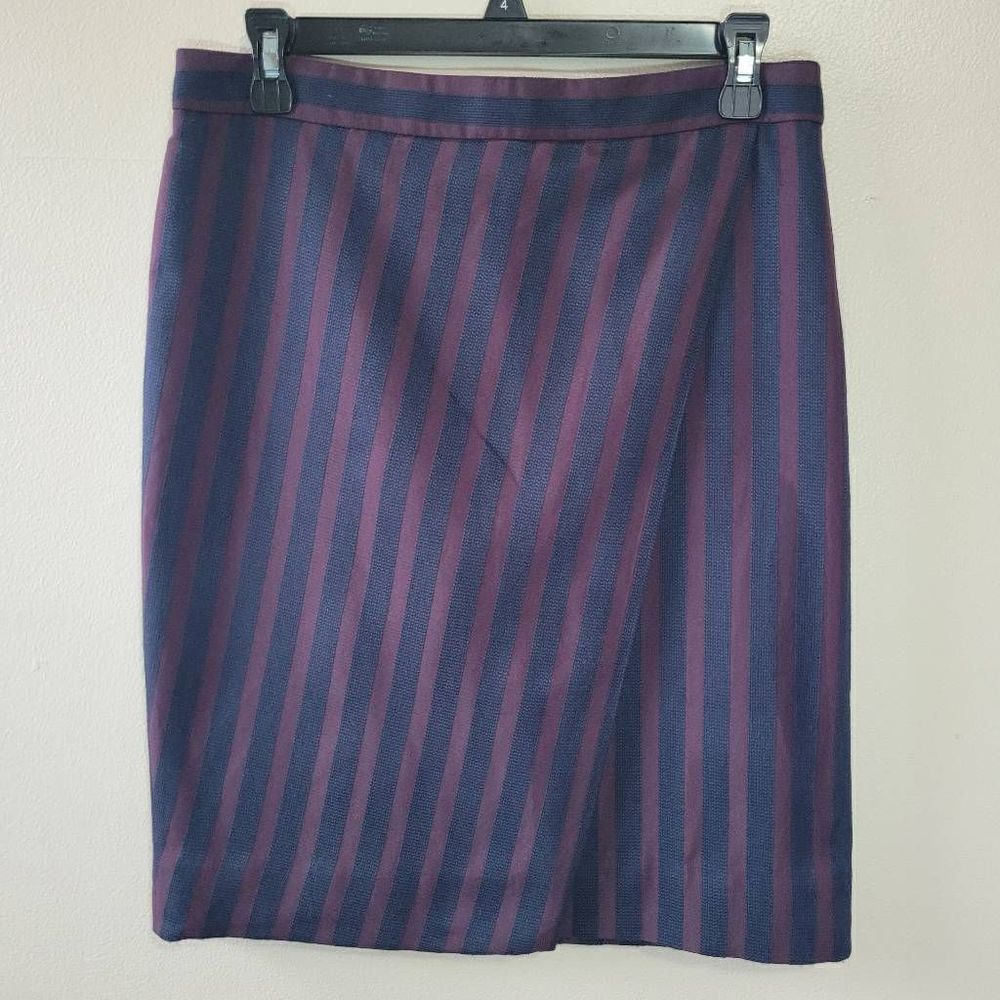 J. Crew Lined Faux Wrap  Navy and Burgundy Plum Stripe Pencil Skirt Size 4